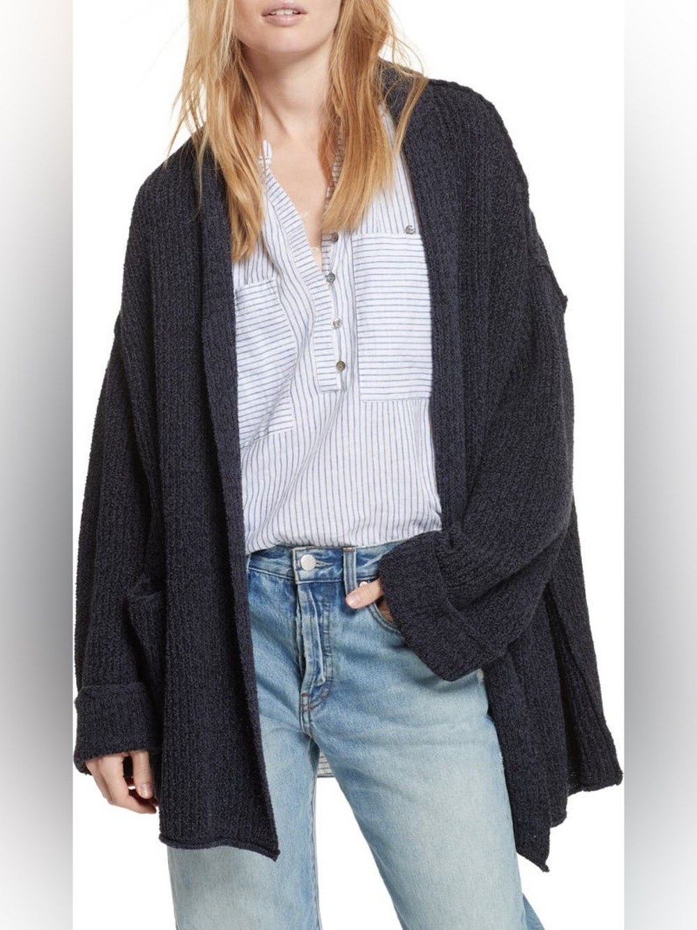 Free People Low Tide Cardigan Navy Blue Knit Open Pocket